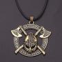 Norse Warrior Helmet Necklace for Men, Viking Runes Double Axe Pendant Necklace with 15.7”+1.9” Chain, Nordic Warriors Tribal Amulet Necklace, Leather Cord, Punk Viking Jewelry Gift