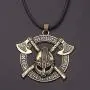 Norse Warrior Helmet Necklace for Men, Viking Runes Double Axe Pendant Necklace with 15.7”+1.9” Chain, Nordic Warriors Tribal Amulet Necklace, Leather Cord, Punk Viking Jewelry Gift