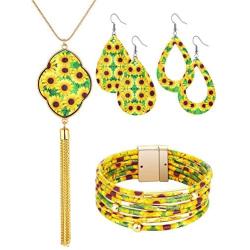 Hicarer 4 Pack Sunflower Print Jewelry Set Y-Shape Tassel Necklace Multilayer Bracelets and Dangle Earrings for Women Girls