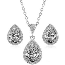BaubleStar Silver Teardrop Crystal Pendant Necklace Stud Earrings Wedding Jewelry Set