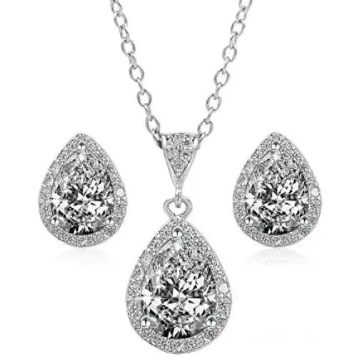 BaubleStar Silver Teardrop Crystal Pendant Necklace Stud Earrings Wedding Jewelry Set BaubleStar Silver Teardrop Crystal Pendant Necklace Stud Earrings Wedding Jewelry Set