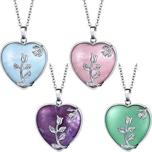 Heart Healing Crystal Necklaces Quartz Silver Rose Wrapped Gemstone Jewelry
