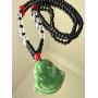 Laughing Buddha Green Jade Stabilized Turquoise Pendant 30''Black White Bead Necklace Carved Long Large Boho Chain Genuine Certified Grade A Jadeite Hand Crafted, Jade Medallion