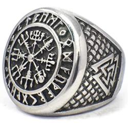 Gungneer Vegvisir Norse Compass Rune Circle Odin Valknut Stainless Steel Ring Men Women Norse Protection Jewelry