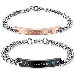 Relationship Bracelets for Couples Him Her Engraved Moon Of My Life My Sun and Star Stainless Steel Pink Black Couples Bracelets for Boyfriend Girlfiend Wife Husband Men Women Teens Girls Boys