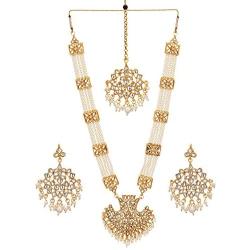 Jwellmart Womens Diva Collection White Kundan Stone Faux Pearl Rani Haar Necklace Earrings Set