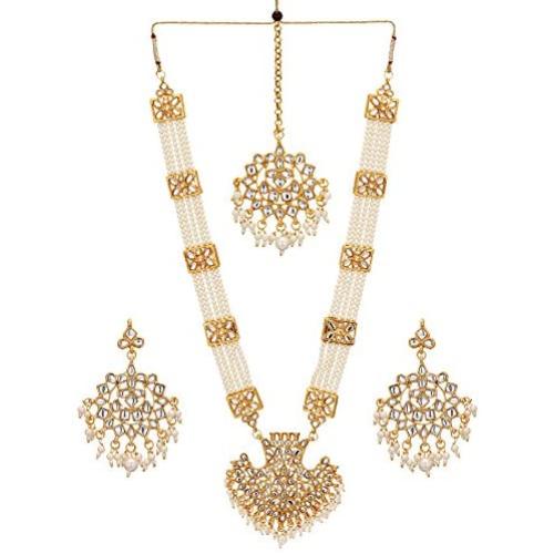 Jwellmart Womens Diva Collection White Kundan Stone Faux Pearl Rani Haar Necklace Earrings Set