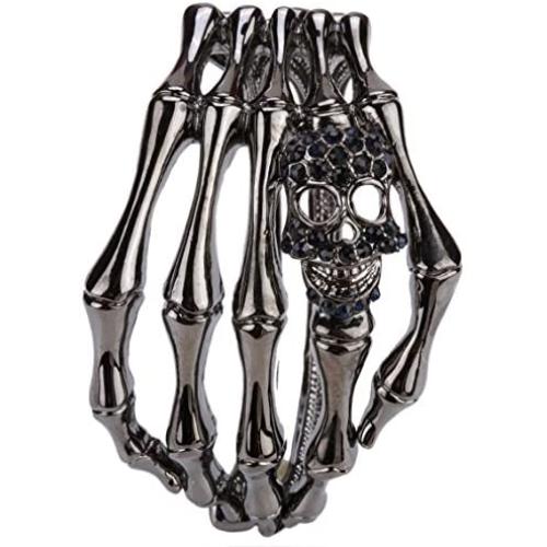YACQ Womens Skull Skeleton Hand Hinged Bangle Bracelet Fit Wrist Size 7 to 8 Inch - Lead & Nickle Free - Women Girls Biker Jewelry - Halloween Costome Accessories