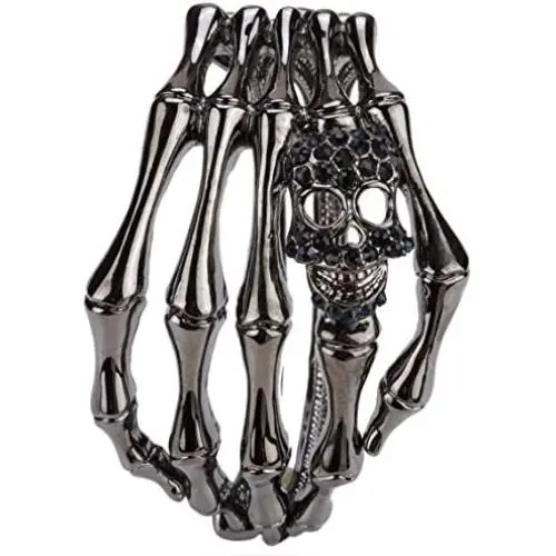 YACQ Womens Skull Skeleton Hand Hinged Bangle Bracelet Fit Wrist Size 7 to 8 Inch - Lead & Nickle Free - Women Girls Biker Jewelry - Halloween Costome Accessories
