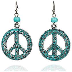 Vintage Antique Silver Round Peace Love Sign Symbol Hook Earring Hollow Carved Flower Drop Earring For Women Retro Jewelry