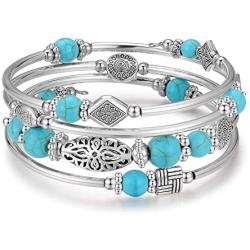 BULINLIN Layered Wrap Bangle Turquoise Bracelet - Bead Bracelet with Natural Agate Stone, Gifts for Women