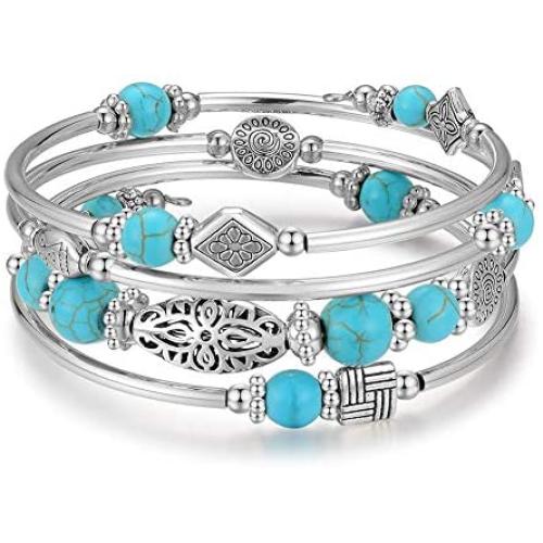 BULINLIN Layered Wrap Bangle Turquoise Bracelet - Bead Bracelet with Natural Agate Stone, Gifts for Women