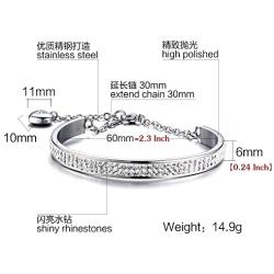 HUANIAN Stainless Steel 6mm Width 2 Row of Crystal Bangle Cuff Bracelet with Heart Extend Chain for Women