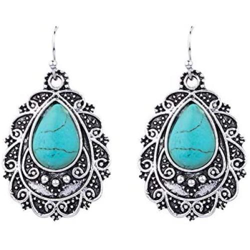 Turquoise Statement Dangle Earrings – Vintage Simple Boho Turquoise Drop Earrings for Women Girls Ladies, Western Blue Bohemian Turquoise Earrings