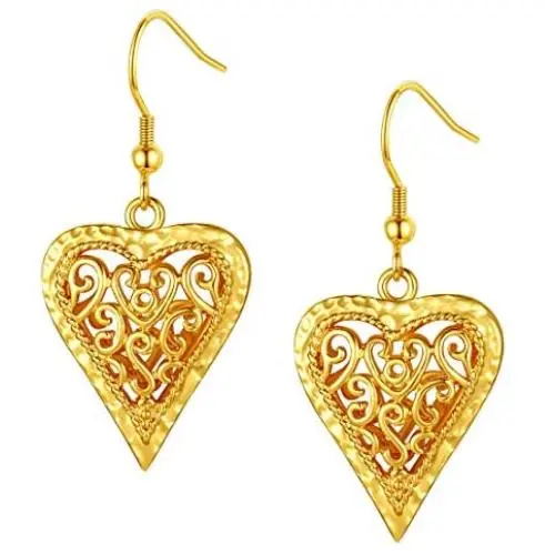 FindChic Vintage Indian Earrings for Women Ethnic Antique Carving Hollow Out Patterned Heart/Chili/Waterdrop/Moon Dangle Earrings for Girls, with Jewelry Box