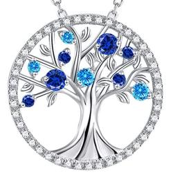 Sterling Silver Tree of Life Necklace Earrings Set March Birthstone Aquamarine Blue Sapphire Jewelry for Women Anniversary Birthday Gifts