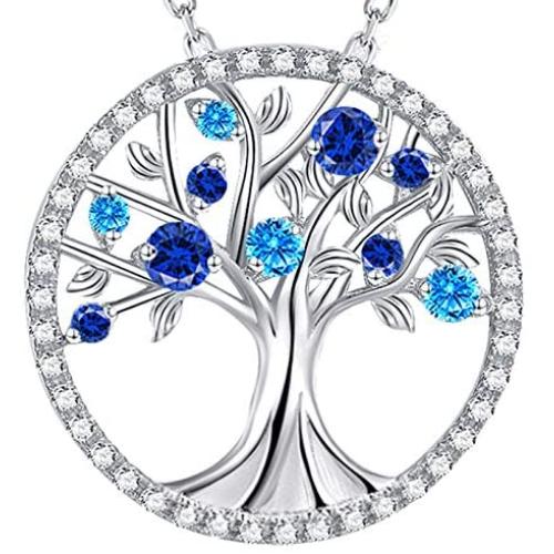 Sterling Silver Tree of Life Necklace Earrings Set March Birthstone Aquamarine Blue Sapphire Jewelry for Women Anniversary Birthday Gifts