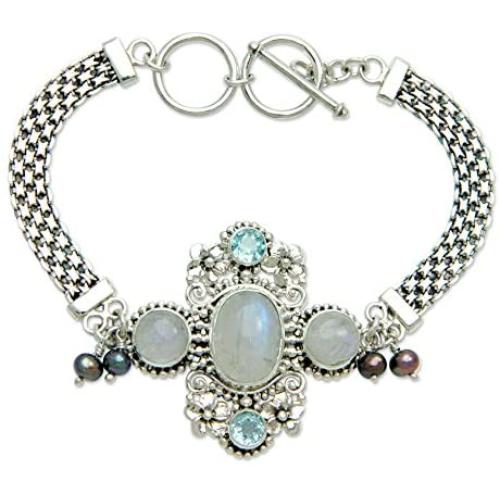 NOVICA Cultured Peacock Pearl and Moonstone .925 Sterling Silver Bracelet Regal Gianyar, 7-7.5''