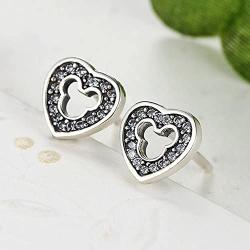 ERLUER 925 Sterling Silver Mickey Mouse Stud Earrings Cubic Zirconia for Women Girls Wedding Jewelry Earring (Heart Mickey Earrings)