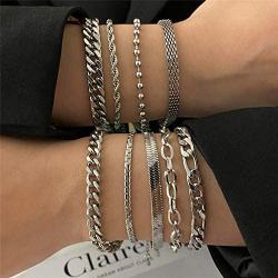 17 MILE 9 Pcs Silver Chain Bracelet Set for Women, Fashion Stackable Cuban Link Adjustable Stainless Steel Bracelet for Gifts