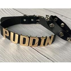 Puddin Necklace and Rivets bracelet Leather Choker Necklace Cosplay Choker Letter Collor Cosplay Accessory for Women and Girls Halloween Party