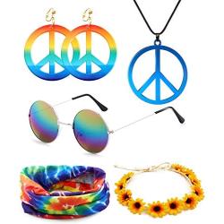 SOOWOOT 5 Pieces Hippie Costume Jewelry Set for Women Men Hippie Peace Sign Pendant Necklace Sunflower Headband Rainbow Peace Earrings Headband Bandana 60s 70s Party Accessories Peace Set