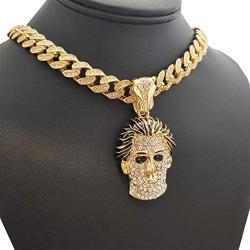 BLINGFACTORY Hip Hop Gold PT Michael Myers Mask Pendant & 12mm 18'' Iced Cuban Choker Chain Box Lock Bling Necklace