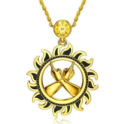 AOBOCO 18k Gold Plated Sterling Silver Gold Sun Sunburst Pendant Necklace with Finger Cross Hope for Good Luck, Citrine Austria Crystal Christmas Jewelry Gifts for Men Unisex