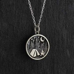 Sterling Silver Camping Charm Necklace with Tent Trees Campfire Moon and Stars, 18'' Chain