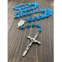 Nazareth Store Rosary Necklace 7mm Round Light Blue Beads Turquoise Cat Eye Stone Miraculous Medal with Crucifix - Velvet Bag