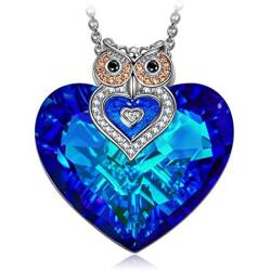 J.NINA ✦Owl of Minerva✦ Mothers Day Jewelry Gifts for Women Owl Necklaces for Women Blue Crystal Heart Necklace Sparking Jewelry Gifts for Her Girlfriend