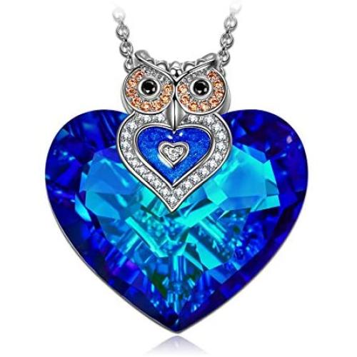J.NINA ✦Owl of Minerva✦ Mothers Day Jewelry Gifts for Women Owl Necklaces for Women Blue Crystal Heart Necklace Sparking Jewelry Gifts for Her Girlfriend