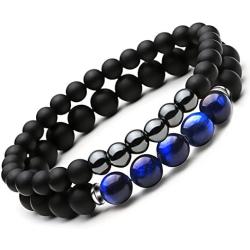 SEVENSTONE 2PCS Black Matte Onyx Prayer Beads Bracelet for Men Women Elastic Natural Stone