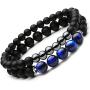 SEVENSTONE 2PCS Black Matte Onyx Prayer Beads Bracelet for Men Women Elastic Natural Stone