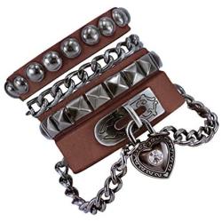 Bystar Bracelet of Punk Rock Rivet Wrap Retro Multi Circle Unisex Heart Chain Genuine Leather 4-Color Creative