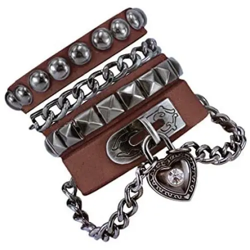 Bystar Bracelet of Punk Rock Rivet Wrap Retro Multi Circle Unisex Heart Chain Genuine Leather 4-Color Creative
