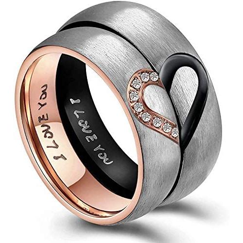 His & Hers Real Love Heart Promise Ring Titanium Stainless Steel Couples with I Love You Engraved Wedding Engagement Bands Top Ring for Girlfriend Boyfriend Gift