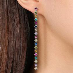 ECBERIE Long Gold Plated Ear Stud Colored Rhinestones Dangle Drop Tessel Earrings Crystal Jewelry Gifts for Women Girls