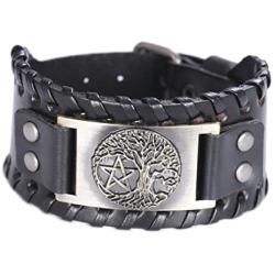 VASSAGO Vintage Norse Myth Tree of Life Yggdrasil Pentagram Amulet Cuff Leather Bracelet