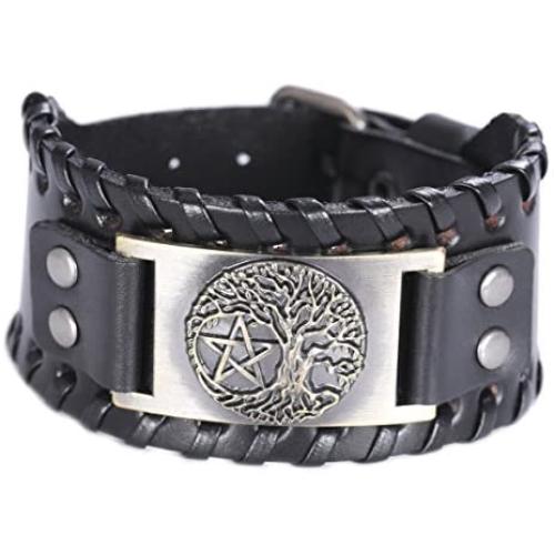 VASSAGO Vintage Norse Myth Tree of Life Yggdrasil Pentagram Amulet Cuff Leather Bracelet