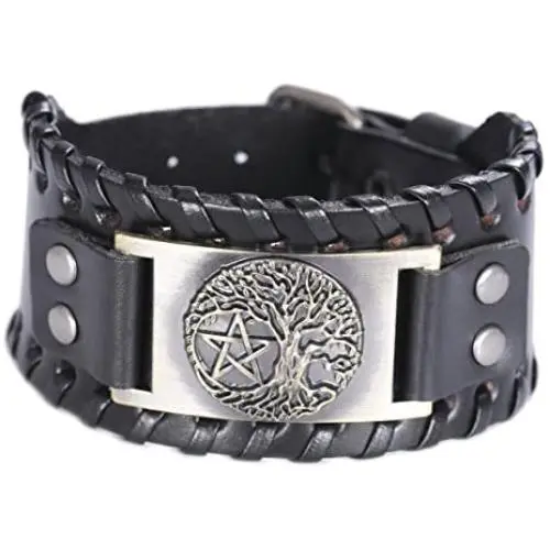 VASSAGO Vintage Norse Myth Tree of Life Yggdrasil Pentagram Amulet Cuff Leather Bracelet