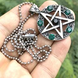 Wicca Jewelry Celtic Pentagram Pentacle Star Black-Green Crystal Gem Wiccan Pagan Witch Magic Healing Protection Amulet Pewter Mens Womens Pendant Necklace Charm for Men Women Silver Ball Chain