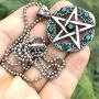Wicca Jewelry Celtic Pentagram Pentacle Star Black-Green Crystal Gem Wiccan Pagan Witch Magic Healing Protection Amulet Pewter Mens Womens Pendant Necklace Charm for Men Women Silver Ball Chain