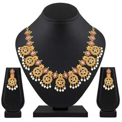 Aheli Beautiful Wedding Wear Indian Laxmi Goddess Faux Stone Studded Floral Design Crafted Necklace Earrings Set Ethnic Fashion Jewelry for Women