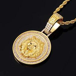 HELLOICE Holiday Gifts Iced Lion Head Pendant Circle Metal Necklace for Men Rapper 18K Gold Plated Pendant Punk Hip Hop Necklace