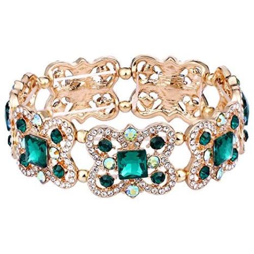 EVER FAITH Austrian Crystal Art Deco Butterfly Bridal Elastic Stretch Bracelet Gold-Tone