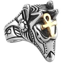 HZMAN Mens Egyptian God Anubis Gold Ankh Cross Ring Stainless Steel Biker Band