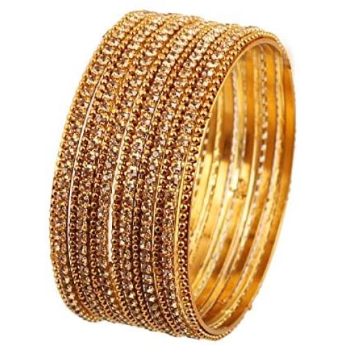 Touchstone ''Golden Bangle Collection Traditionally Created Yellow Citrine Rhinestone Filigree Indian Bollywood Designer Jewelry Metal Bangle Bracelets for Women in Antique Gold Tone. Set of 13.
