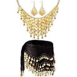 3 Sets Womens Belly Dance Accessories, Gold Coins Belly Dance Hip Skirt Scarf Wrap Belt, Gold Coins Necklace and Earrings