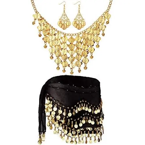 3 Sets Womens Belly Dance Accessories, Gold Coins Belly Dance Hip Skirt Scarf Wrap Belt, Gold Coins Necklace and Earrings 3 Sets Womens Belly Dance Accessories, Gold Coins Belly Dance Hip Skirt Scarf Wrap Belt, Gold Coins Necklace and Earrings